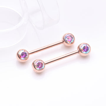 Detail View 1 of A Pair of Implant Grade Titanium Rose Gold Gem Ball Internally Threaded Nipple Barbell-Aurora Borealis